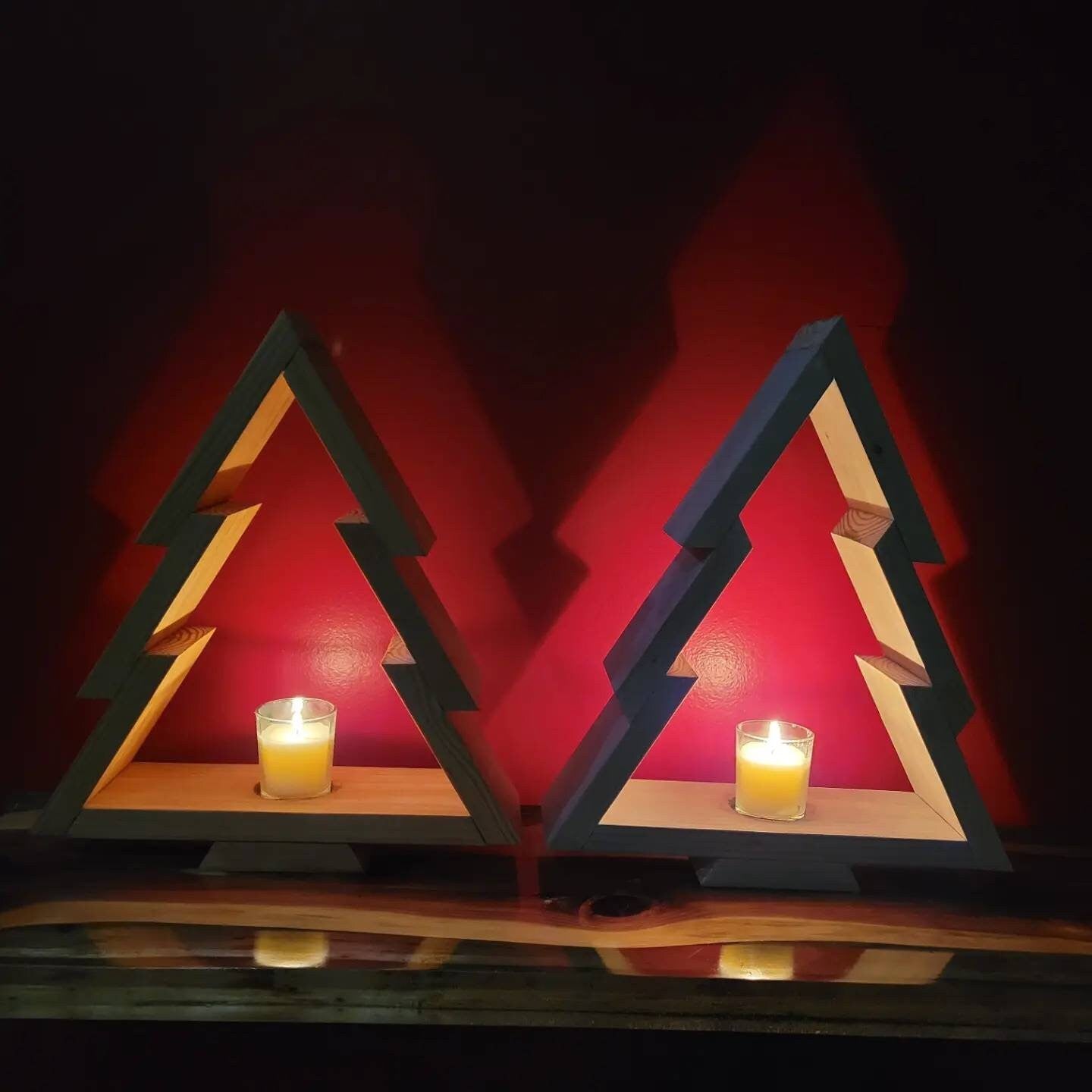 Set of 2 Christmas tree shaped candle holders.  Holds up to 2 inch around candle. Hand made Christmas craft Free Shipping