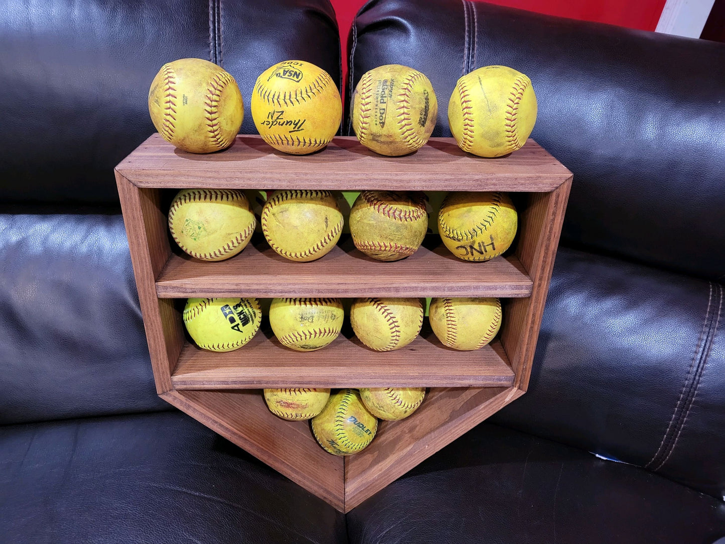 Baseball or Softball Homeplate Ball Display. Holds 15 Balls Wall Hanging Custom Different Colors Available Solid Wood Stained Free Shipping