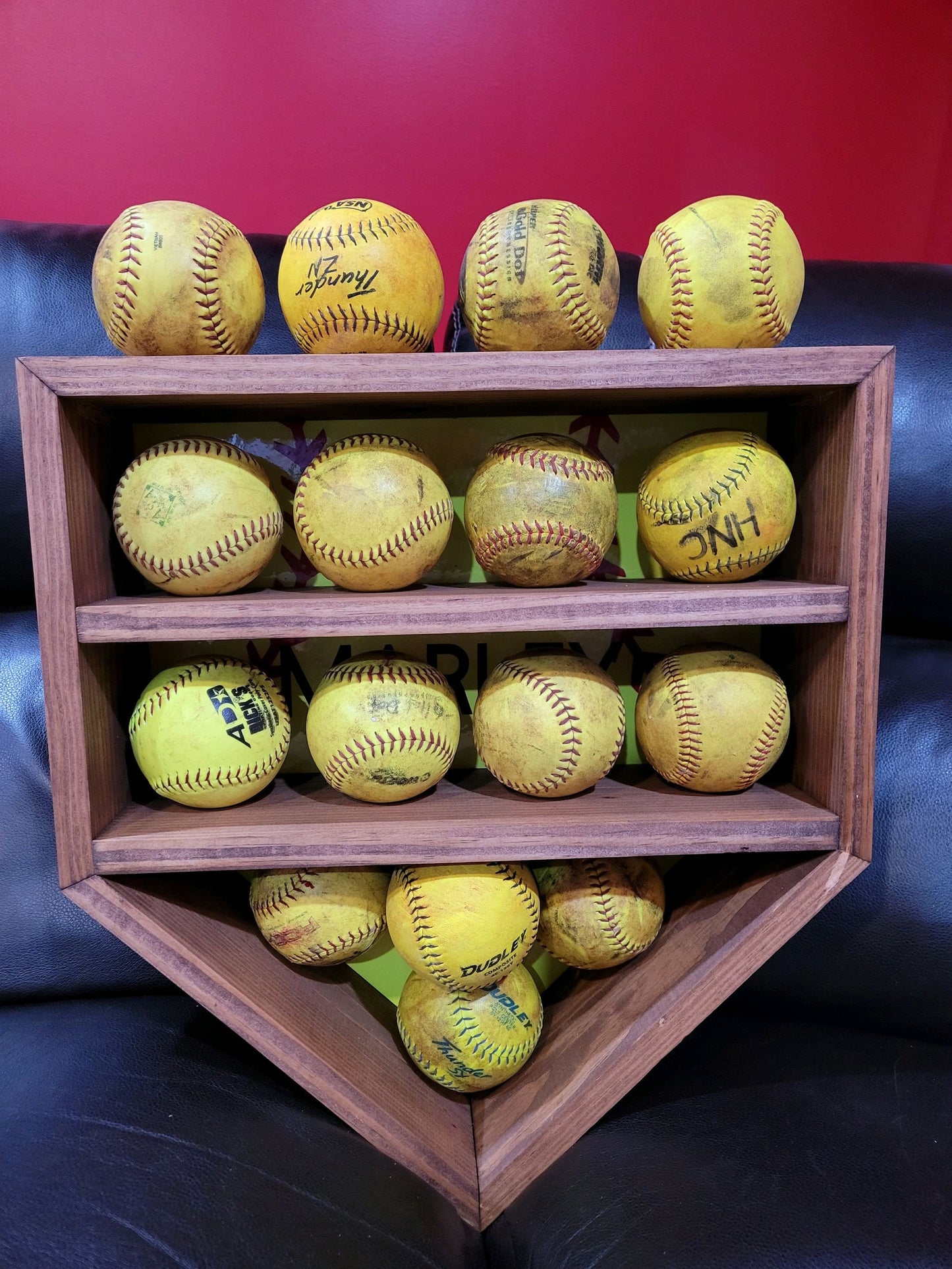 Baseball or Softball Homeplate Ball Display. Holds 15 Balls Wall Hanging Custom Different Colors Available Solid Wood Stained Free Shipping